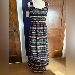 VTG 60s Seersucker Black Maxi Dress Colorful Floral Boho Ethnic Stripe Pattern
